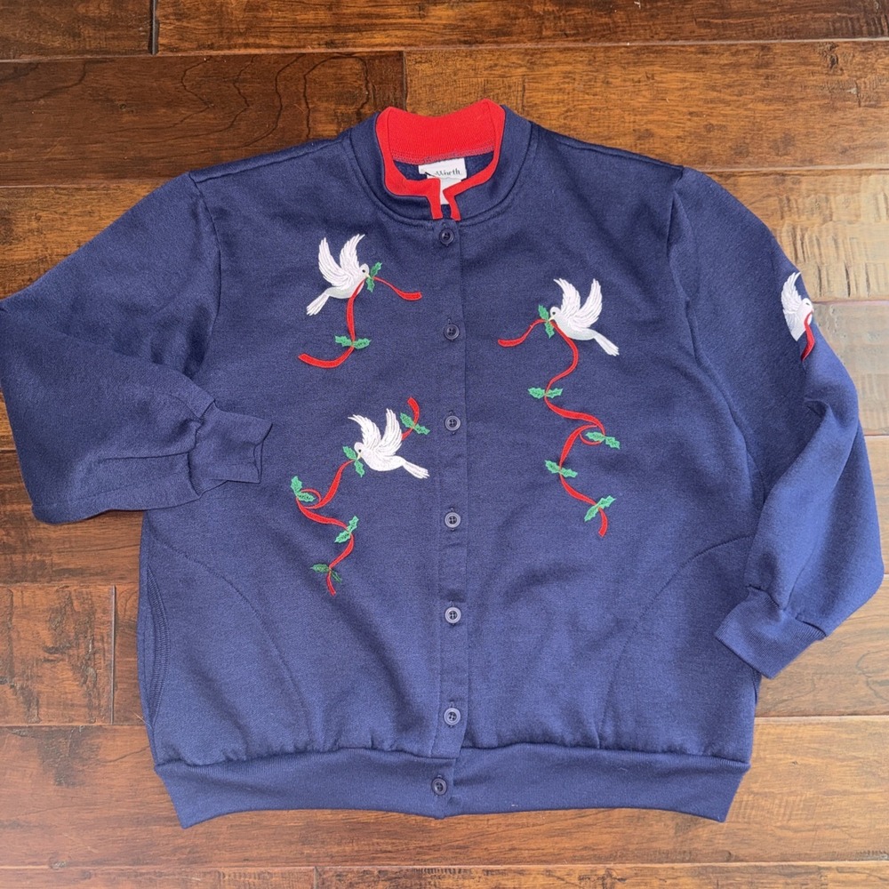 BonWorth Holiday Bird Embroidered‎ Cardigan Sweatshirt Size Medium Navy Granny